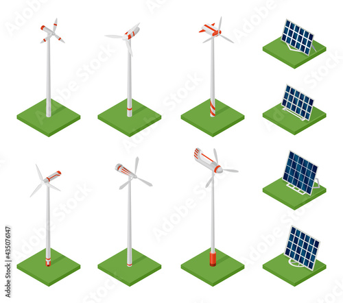 Isometric solar panels and wind turbines. Concept of clean energy. Clean ecological power. Eco renewable electric energy from sun and wind. Icon for web. Solar cell and windmills