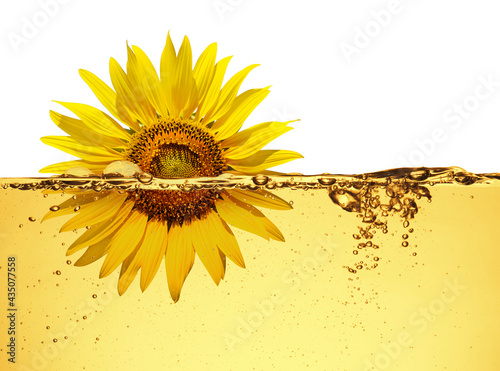 Sunflower montage photo with sunflowers Vegetable oil is on white background