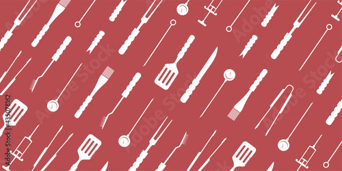 BBQ, grill accessories, popular grilling utensils tools background, pattern. Colorful flat isolated vector illustration. Thermometer, meat Injector, claws, fork, tongs, spatula, skewer, knife, brush. 