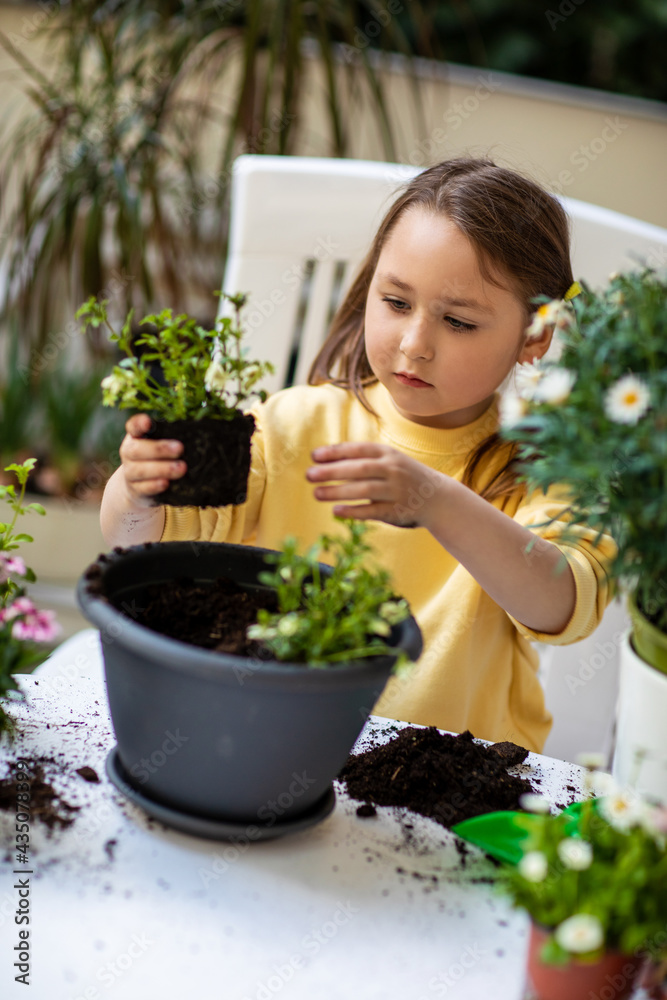Little girl planting flowers in a pot on the balcony Little girl planting flowers in a pot on the balcony