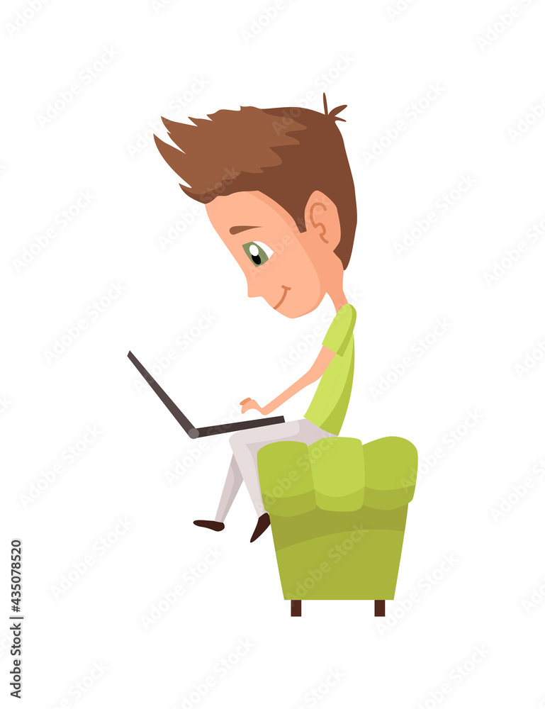 Kid using gadget. Child and modern technology colorful cartoon character. Cute little boy uses laptop to study Kid using gadget. Child and modern technology colorful cartoon character. Cute little boy uses laptop to study