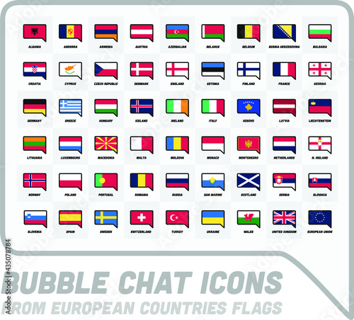 Bubble chat minimalist icons from European Countries Flags. Speech bubbles Europe collection. Collection of flat colors pins for languages. 