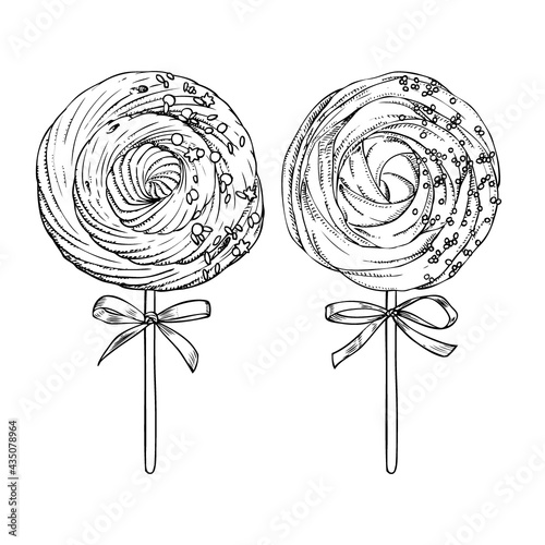 Set of hand drawn meringue lollipops with sprinkle on white background. Vector illustration in engrave style.