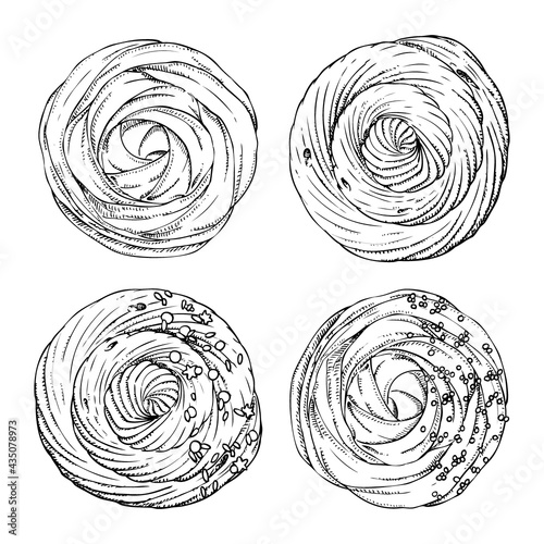Set of hand drawn meringues on white background. Dessert. Vector illustration in engrave style.