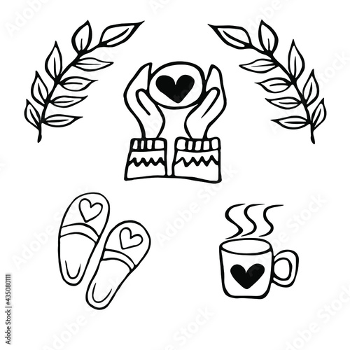 Cozy home and sweet home set of elements in the style of doodles in black ink. Branches, a cup in his hands, a heart, slippers and coffee.  Vector, contour.
