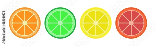 Citrus icon: orange, lime, lemon and grapefruit. Vector illustration. Tropical healthy food. Nature vitamins from juicy fresh fruits.Green, yellow, natural, organic isolated slices.