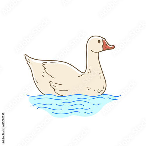 Cute goose swam in lake. Contour vector illustration.