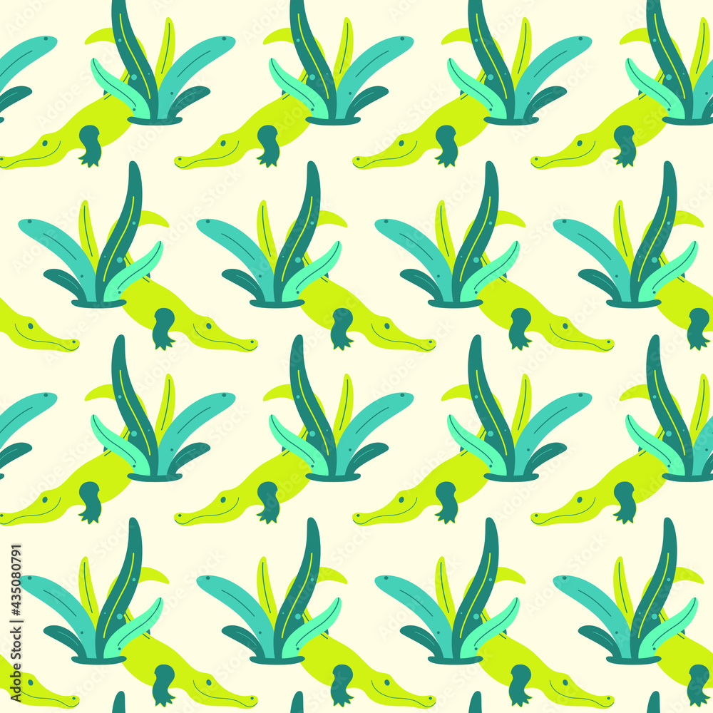 Simple seamless trendy pattern with cartoon crocodile and tropic leaves. Cartoon vector illustration.