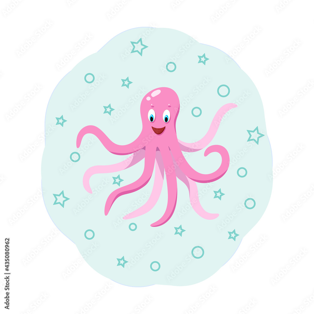 Cartoon funny octopus with bubbles and stars, vector illustration of a sea animal in a children concept. Cartoon funny octopus with bubbles and stars, vector illustration of a sea animal in a children concept.
