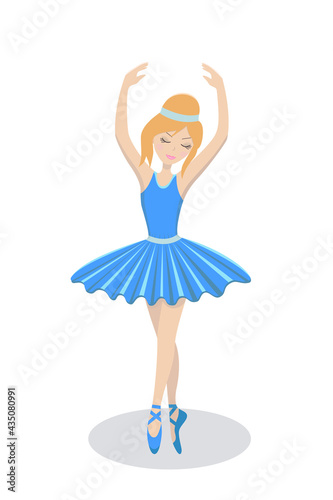 Beautiful girl ballerina in a blue dress dancing on stage in the spotlight. Vector illustration.