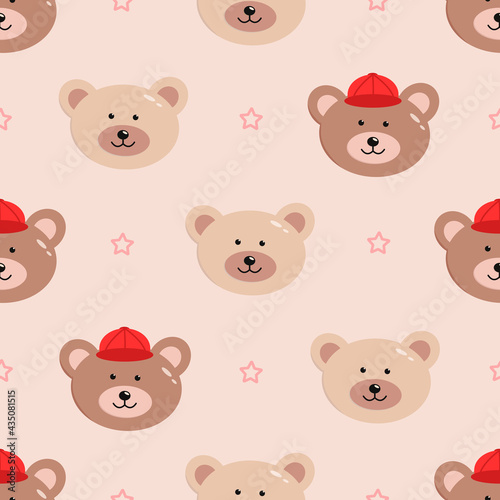 Seamless pattern of funny bear faces, vector illustration for wallpaper, textiles, children concept.
