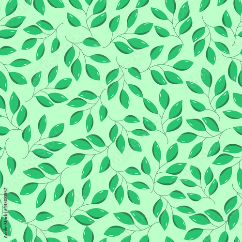 Seamless pattern of green leaves of a deciduous tree. Vector illustration of shrub branches, natural background.