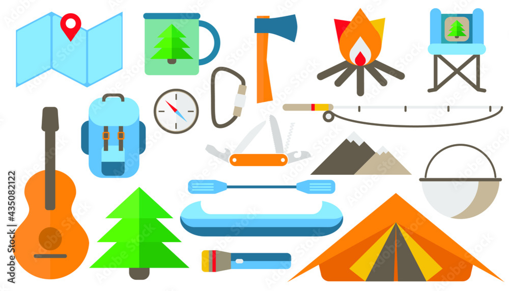 A set of items for tourism and hiking. Includes flat map, mug, axe ...