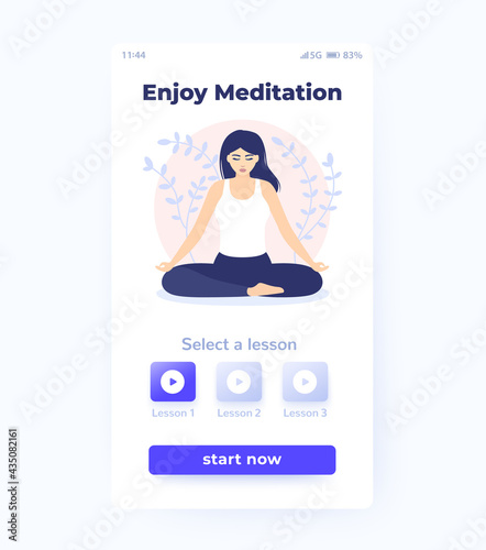 meditation app, ui design with illustration of meditating woman