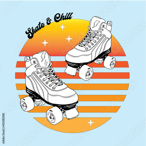 Roller skates ride and chill  Vector vintage skating poster with motivational typography.  sketch illustration with quote. 80s  90s retro Party decoration.