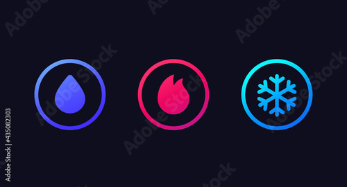 water, fire and ice icons in circles