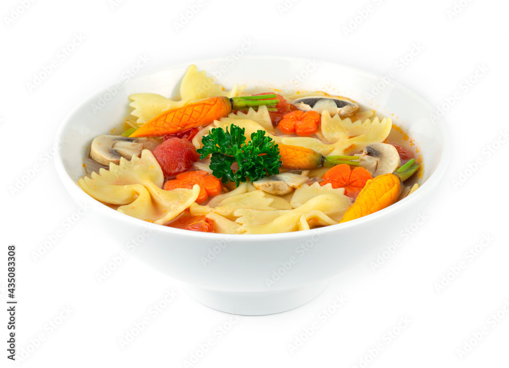 Farfalle Pasta Soup with carrots, onion and Mushrooms Farfalle Pasta Soup with carrots, onion and Mushrooms