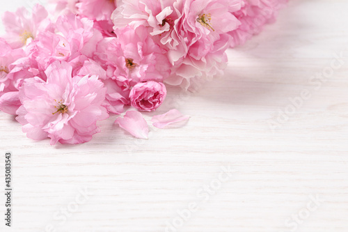 Fototapeta Naklejka Na Ścianę i Meble -  Beautiful sakura tree blossoms on white wooden table, closeup. Space for text