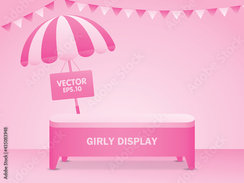 Pastel pink backdrop and cute pink table for putting your object with striped umbrella and triangle rail flag