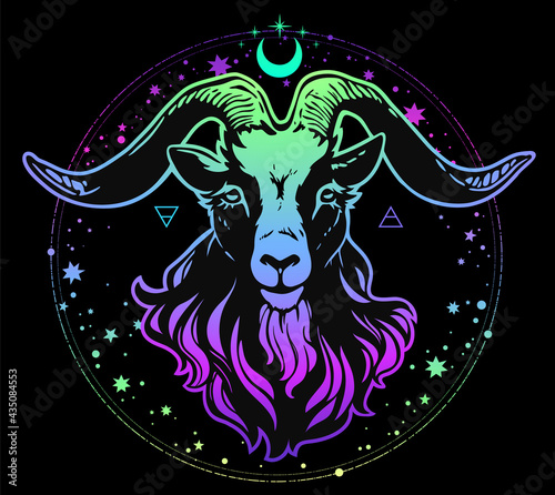 goat head in a bright multicolored palette with cosmic motives