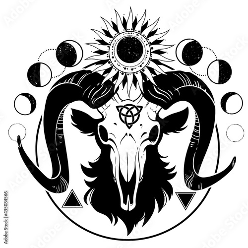 esoteric composition of a goat's skull, sun and moons