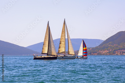 Mediterranean landscape with sailing boats on water. Montenegro, Adriatic Sea, Bay of Kotor near Tivat city