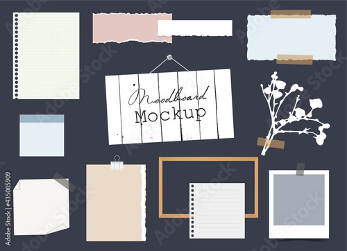 Mood board template with different pieces of torn paper, multi-colored notes on sticky tape, wooden frame, photo card and flower branch. Blank templates for modern design on blue background. EPS10.