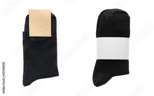 Pairs of cotton socks with blank labels on white background, collage