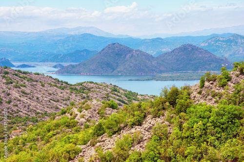 Beautiful mountain landscape. Montenegro, National Park Lake Skadar. Coast of lake Skadar on spring day