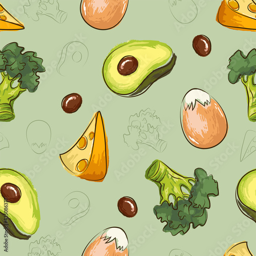 Ketogenic diet seamless pattern with egg, cheese, broccoli, avocado in hand drawn doodle style. Low carb dieting. Paleo nutrition. Keto meal protein and fat. Healthy foods