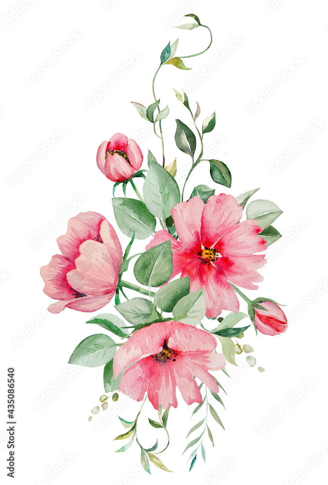 Watercolor pink flowers and green leaves bouquet illustration