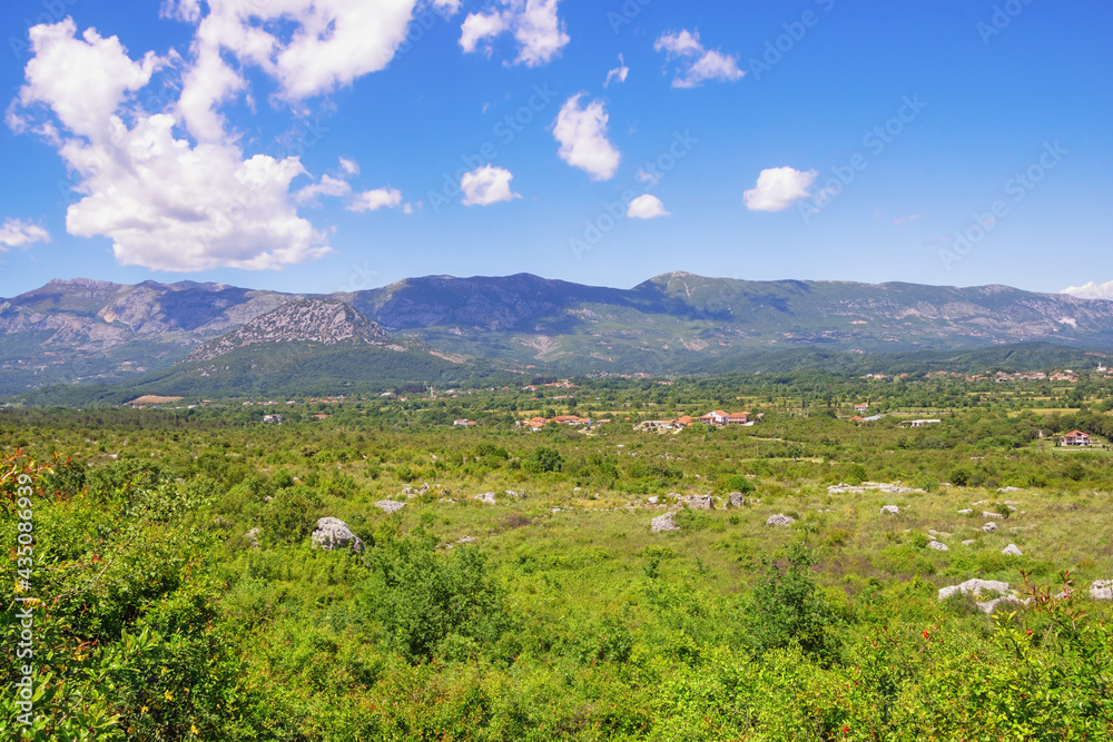 Fototapeta premium Beautiful summer landscape. Montenegro, Ulcinj Municipality, view of meadow near Old Town Shas ( dead town )