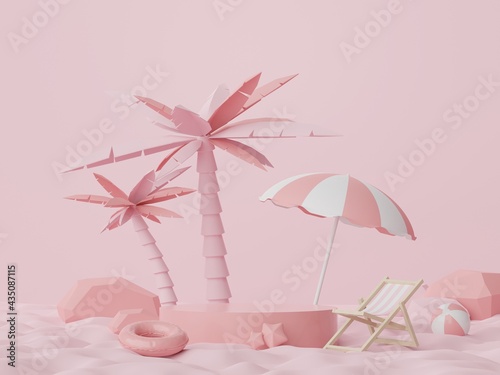 3d render of Abstract minimal  display podium for showing products or cosmetic presentation with summer beach scene. Summer time. © TANATPON