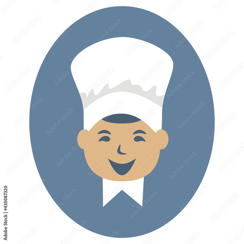 Funny cook icon on blue ellipse background. Young cook in chef's hat. Front view. Chef smiling. Isolated vector illustration on white background Funny cook icon on blue ellipse background. Young cook in chef's hat. Front view. Chef smiling. Isolated vector illustration on white background