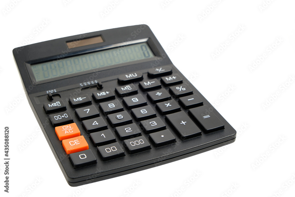 Black calculator on white background, isolate. Black calculator on white background, isolate.