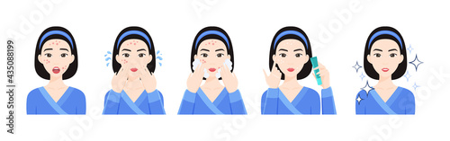 Asian Woman Treats Acne. Pimples on a Beautiful face. A Pretty Girl with Problem Skin applies a Cream. The Lady is Washes herself with Water and Soapy Foam.Cartoon Color Flat style. Vector.