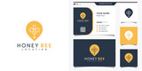 Honey bee logo with pin concept. Bee location logo and business card design.