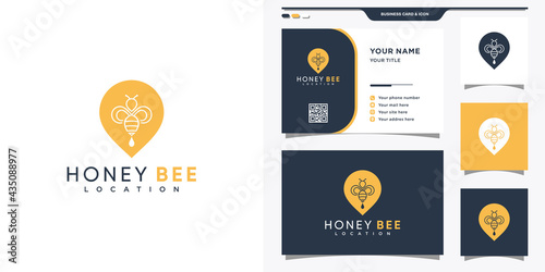 Honey bee logo with pin concept. Bee location logo and business card design.