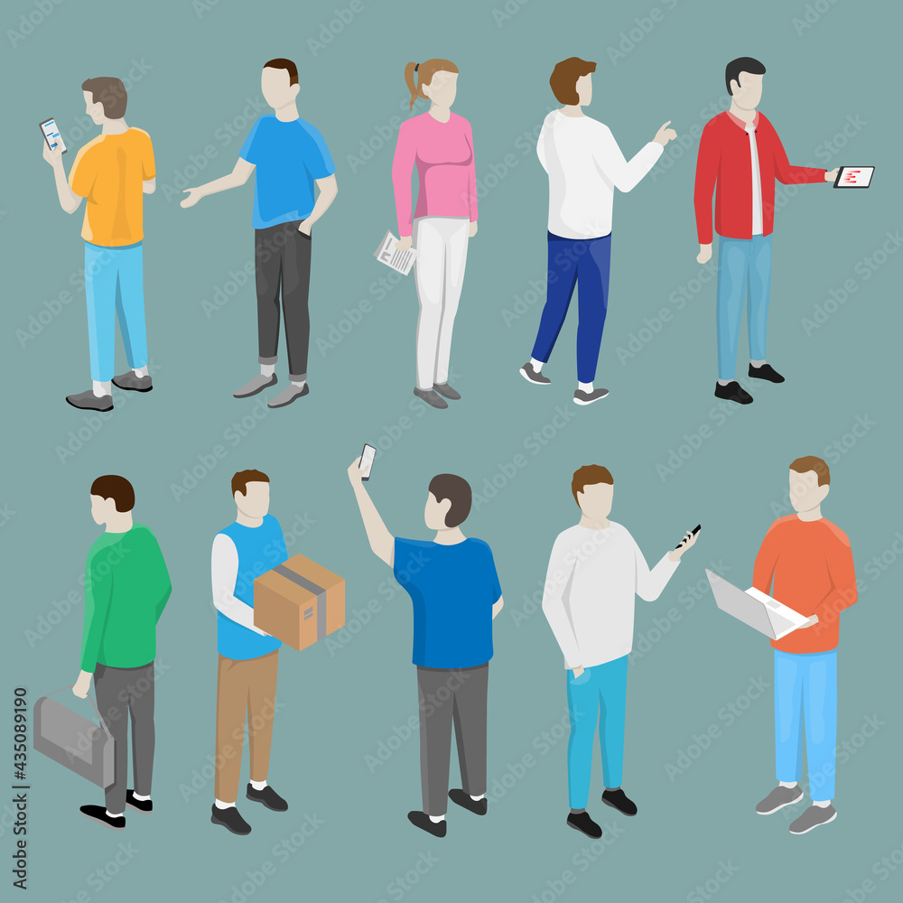 A set of isometric people, in different clothes, different actions and objects.