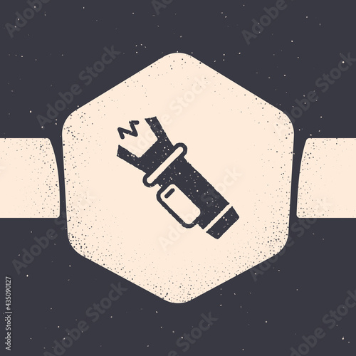 Grunge Police electric shocker icon isolated on grey background. Shocker for protection. Taser is an electric weapon. Monochrome vintage drawing. Vector