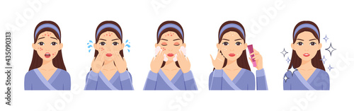 A cute cartoon brunette lady with acne on her face takes care of problem skin.The woman washes her face and applies acne cream. Healthy and clean skin. White background. Vector stock illustration.