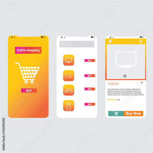 Design mock up online shopping App simulated Screens for Mobile or Website. UI UX templates vector of GUI for mobile application.