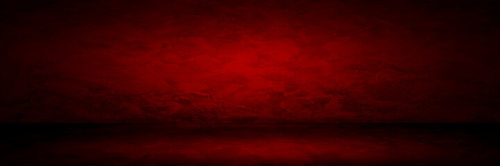 Red background abstract gradient spotlight room texture background. Studio backdrop wallpaper light room cement wall color red and empty space.