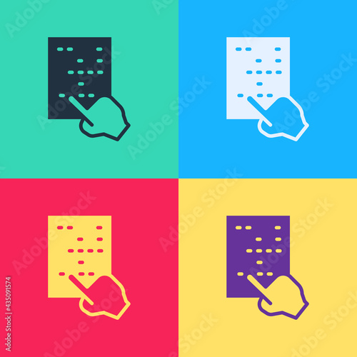 Pop art Braille icon isolated on color background. Finger drives on points. Writing signs system for blind or visually impaired people. Vector