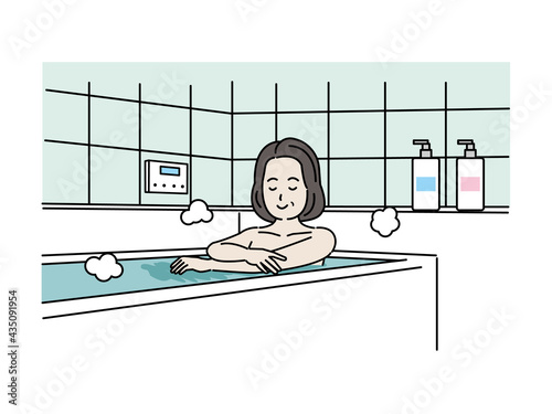 入浴する中高年の女性　お風呂　ミドル　イラスト素材