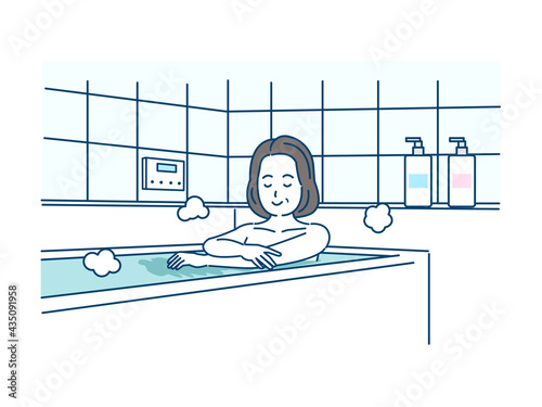 入浴する中高年の女性　お風呂　ミドル　イラスト素材