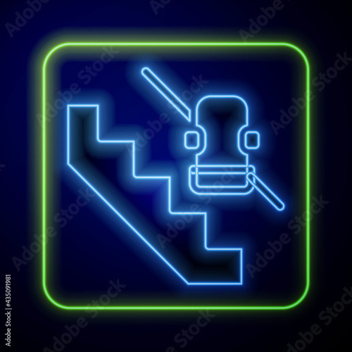Glowing neon Disabled access elevator lift escalator icon isolated on blue background. Movable mechanical chair platform for handicapped human. Vector