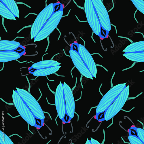 Creative seamless pattern with colorful hand drawn beetles. Colorful print for any design. 