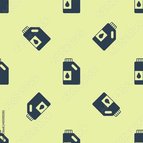 Blue Canister for motor machine oil icon isolated seamless pattern on yellow background. Oil gallon. Oil change service and repair. Engine oil sign. Vector