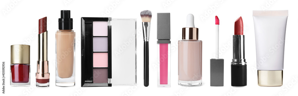 Set with different decorative cosmetics on white background. Banner design - obrazy, fototapety, plakaty 